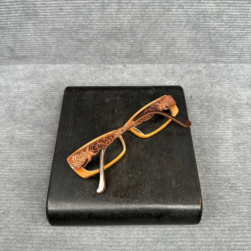 Lipstick Brown Rectangular y2k Eyeglass Frames Filigree Temples Floral Design
